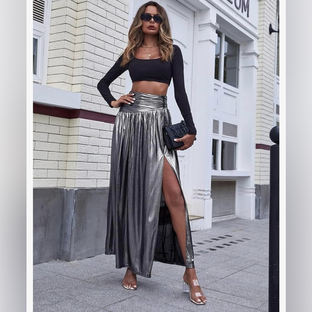 SHEIN Metallic Silver High-Waist Maxi Skirt with Side Slit